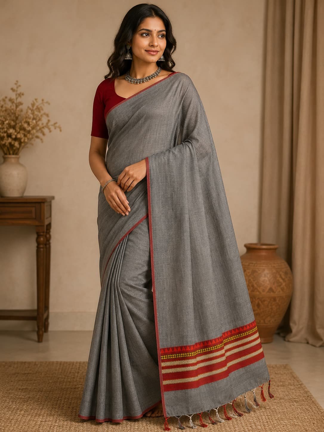 Charcoal Grey Handloom Saree with Maroon Border